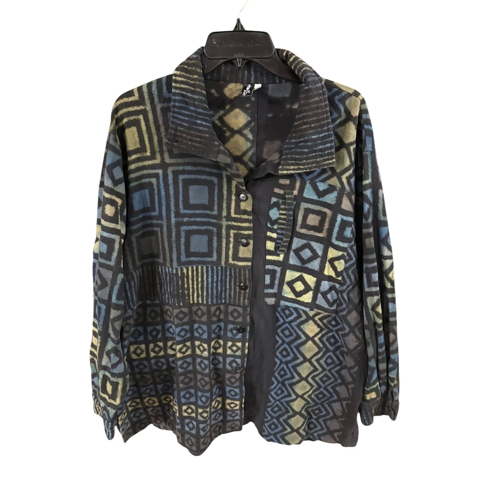 Winter Sun Geometric Batik Print Button Down Shirt Mens Medium Blue Yellow Black